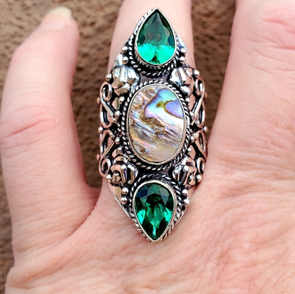New Abalone Shell & Peridot 925 Silver Statement Ring. - Picture 2 of 16